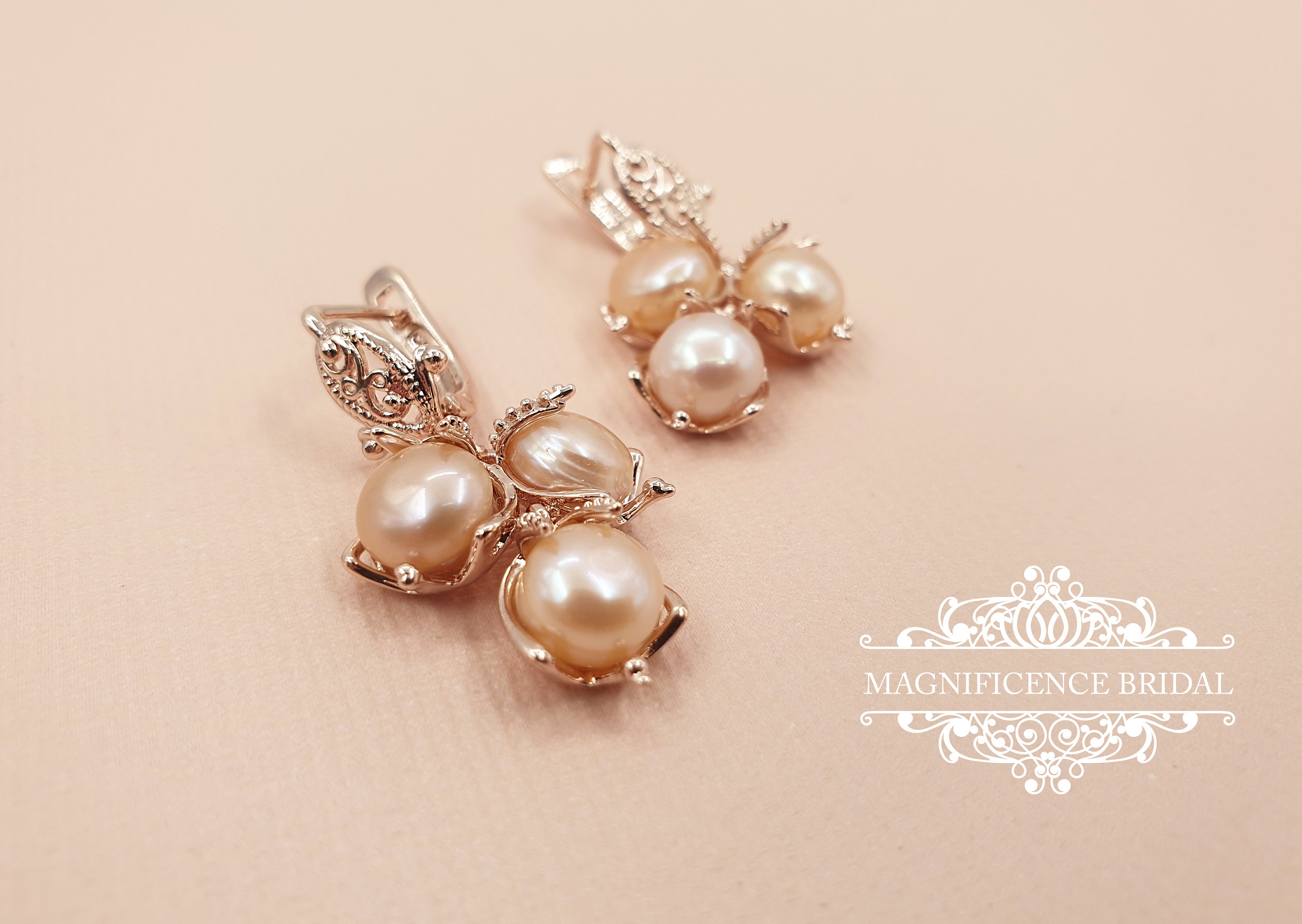 Bridal earrings, blush pearl earrings, rose gold bridal, wedding