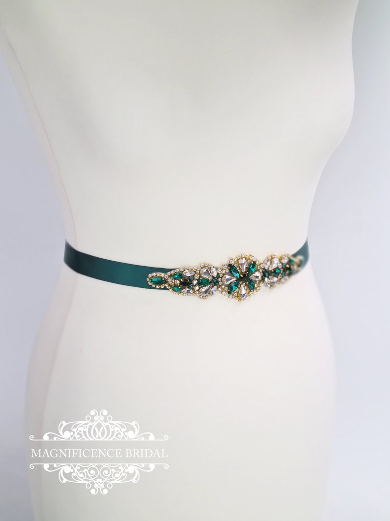 Emerald green sash, emerald green belt, Bridesmaid sash, gold bridal belt, green sash belt, bridal belt, wedding belt, Christmas, ELISHA image 1