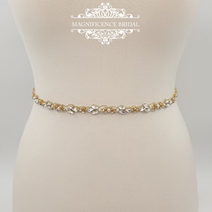 Pearl bridal belt, thin gold wedding sash BETTY