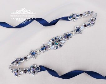 Blue Navy bridal belt opal Wedding sash Moonlight blue, MESNATA