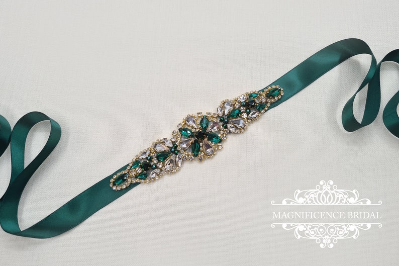 Emerald green sash, emerald green belt, Bridesmaid sash, gold bridal belt, green sash belt, bridal belt, wedding belt, Christmas, ELISHA image 7