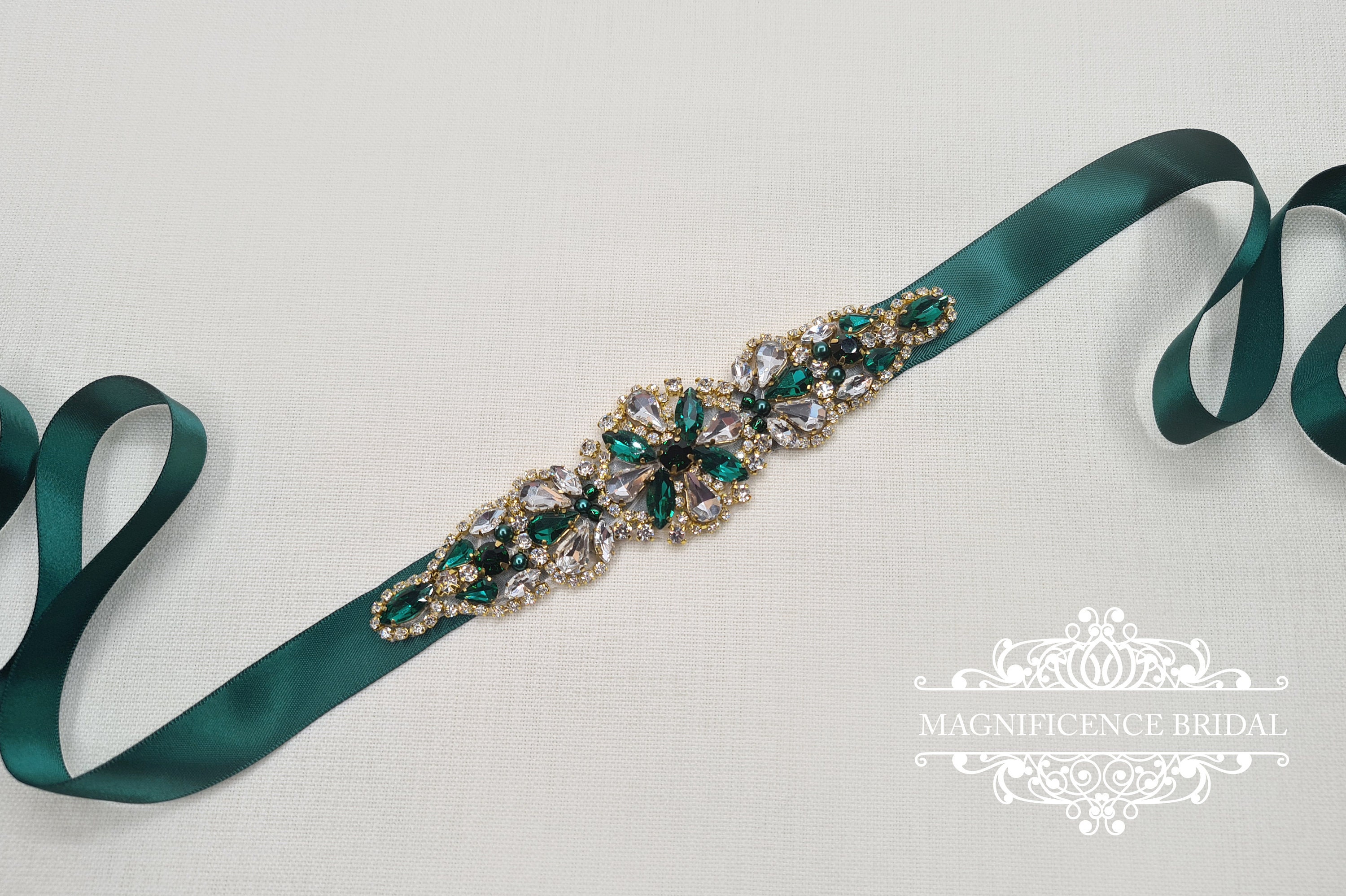 Emerald green sash, emerald green belt, Bridesmaid sash, gold bridal