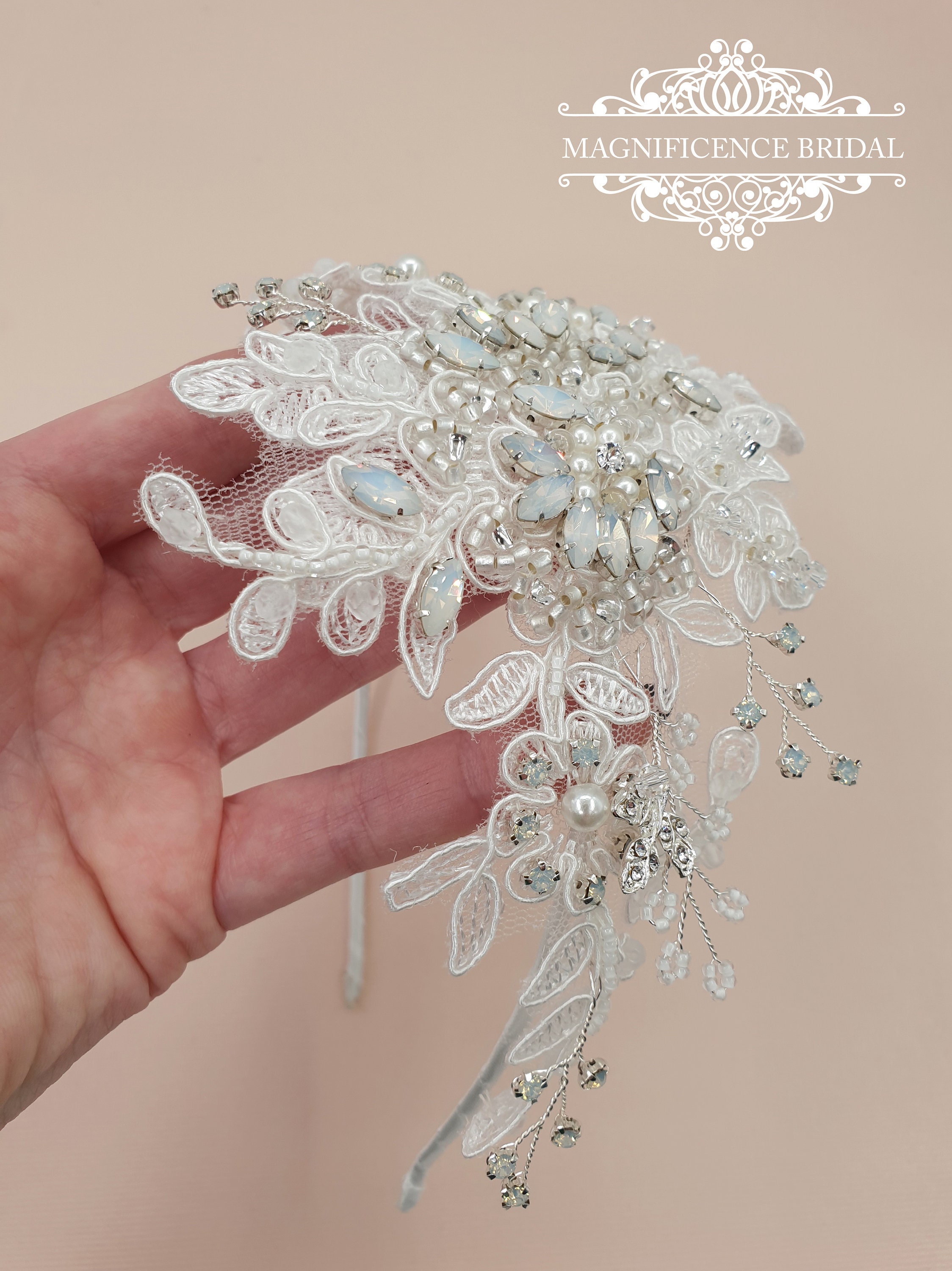 Lace Headpiece, Opal Headpiece, Wedding Headpiece, Bridal