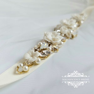 Ivory Bridal belt, bridal sash, clay flower belt, vintage bridal belt, gold wedding belt, opal bridal belt, crystal belt, wedding belt, CALI zdjęcie 2