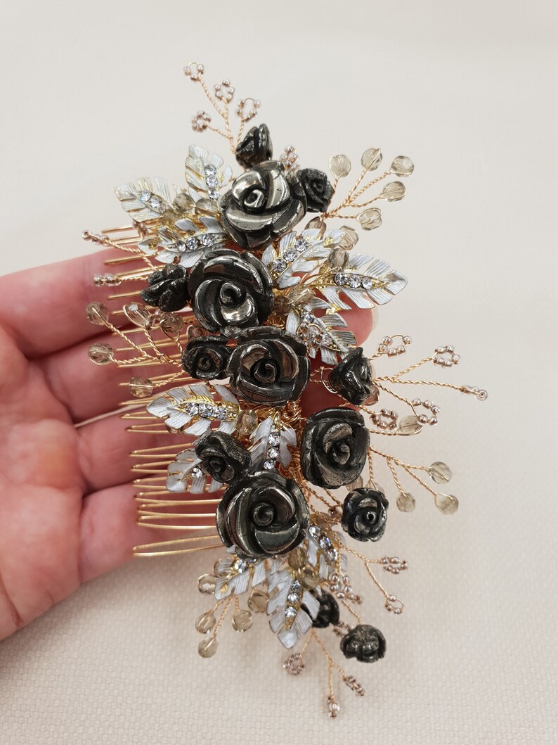 MELODY Gold bridal comb Bridal headpiece Pyrite headpiece Pyrite comb black roses comb Gold headpiece Black bridal headpiece