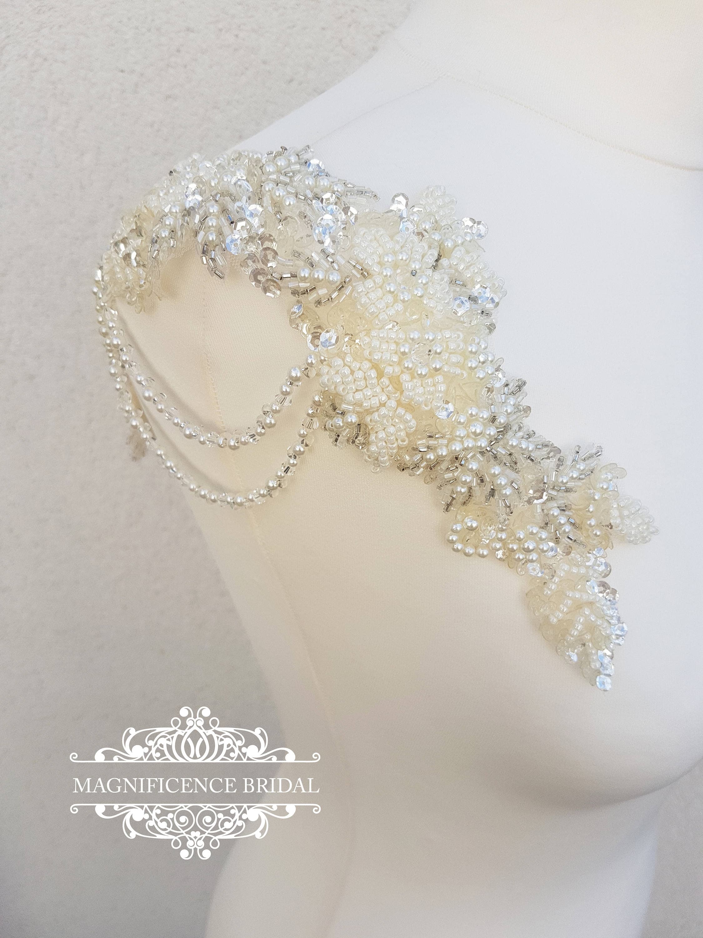 Pearl straps, Shoulder Applique, beaded applique, Shoulder beading, epaulettes, bridal straps