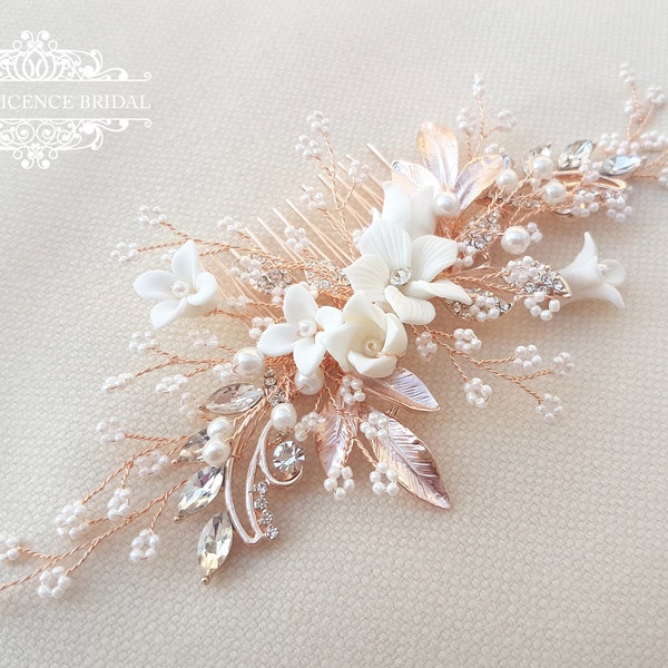 Bandeau de mariée, bandeau en or rose, peigne à cheveux en or rose, morceau de cheveux en or rose, bandeau de mariage, peigne à cheveux de mariée, peigne de mariée YAYA