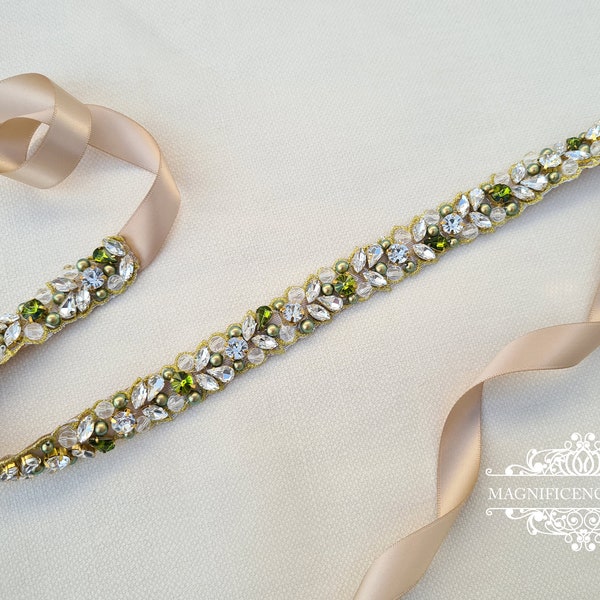 Green bridal belt, green pearl belt, bridal belt, peridot green bridal, moss green belt, thin bridal belt, gold wedding belt, JOLINA