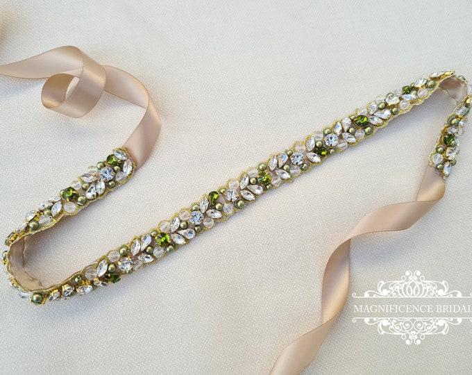 Featured listing image: Green bridal belt, green pearl belt, bridal belt, peridot green bridal, moss green belt, thin bridal belt, gold wedding belt, JOLINA