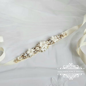 Ivory Bridal belt, bridal sash, clay flower belt, vintage bridal belt, gold wedding belt, opal bridal belt, crystal belt, wedding belt, CALI zdjęcie 6