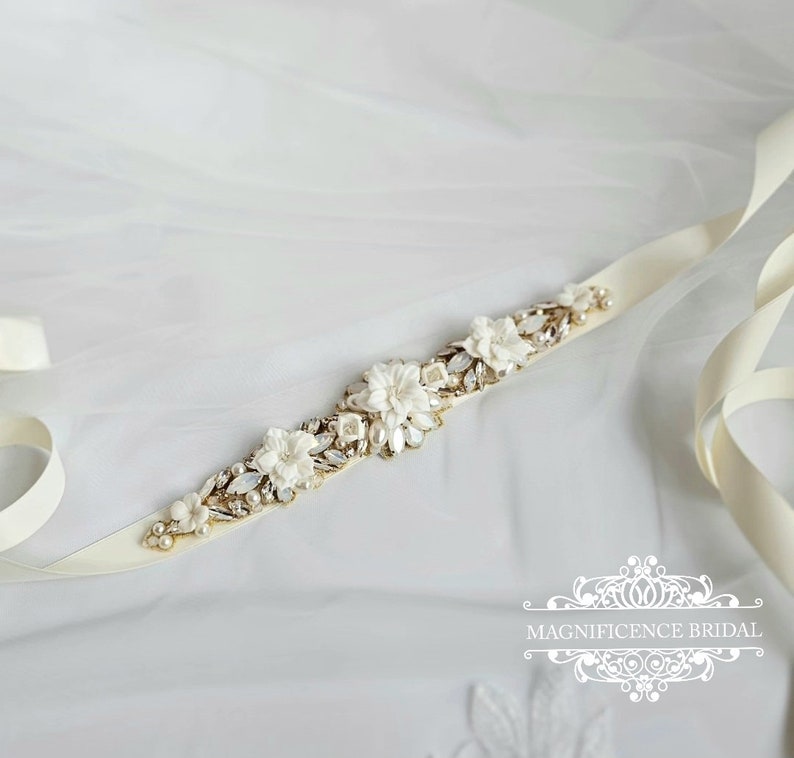 Ivory Bridal belt, bridal sash, clay flower belt, vintage bridal belt, gold wedding belt, opal bridal belt, crystal belt, wedding belt, CALI zdjęcie 6