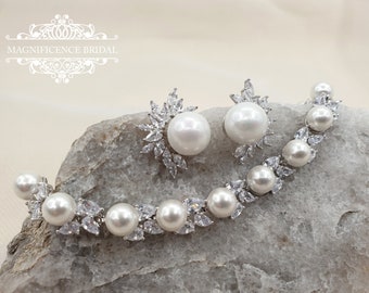 Pearl jewelry set, pearl earrings, wedding jewelry, bridal jewelry, wedding jewelry set, bridal jewelry set, pearl bracelet, pearl set DORA