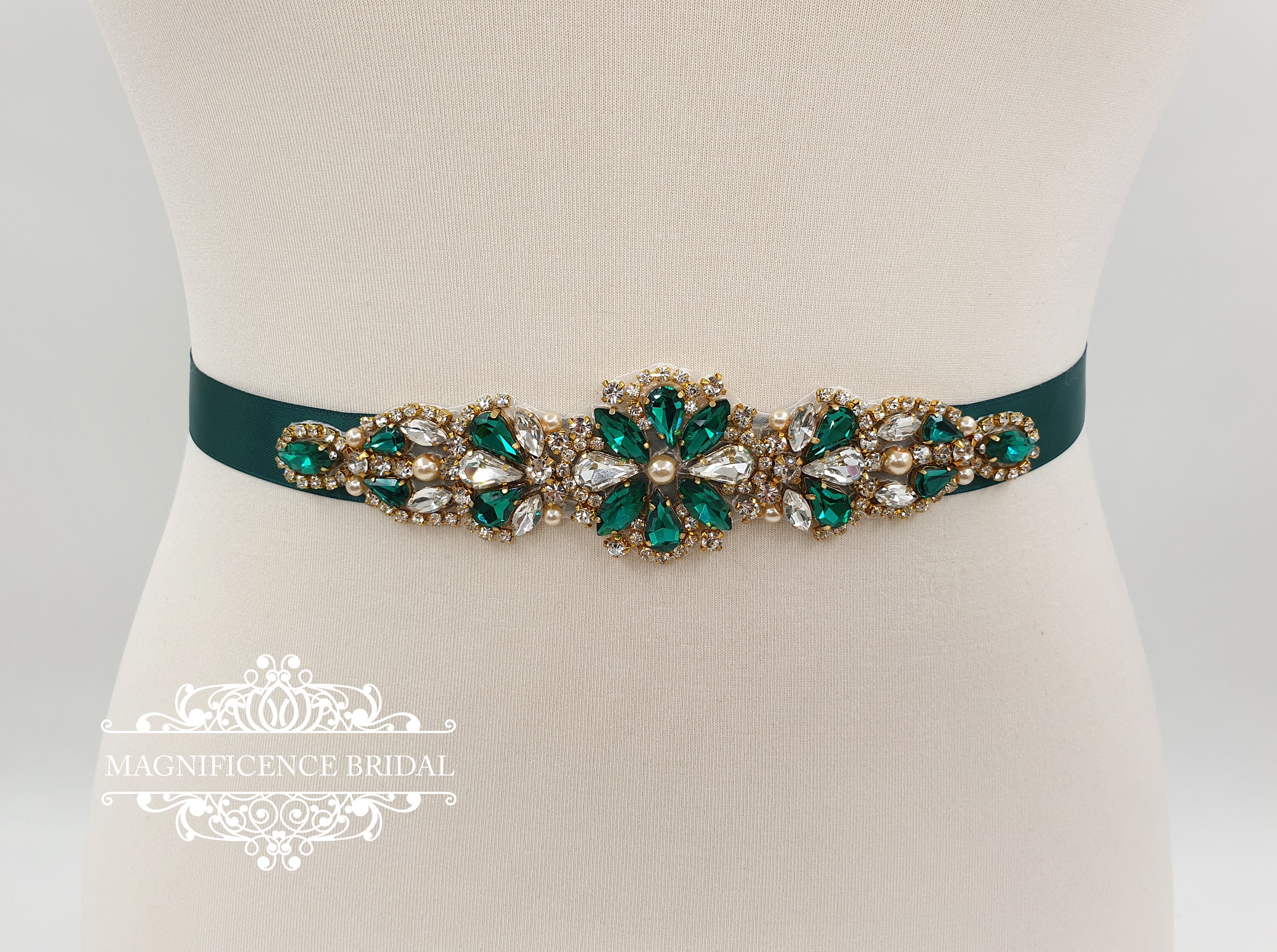 Emerald green sash, emerald green belt, Bridesmaid sash, gold bridal