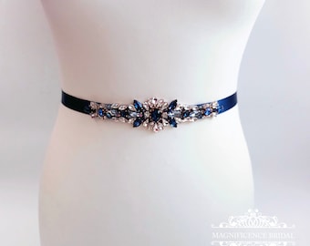 Blue bridal belt Navy Wedding rose gold sash SONATA