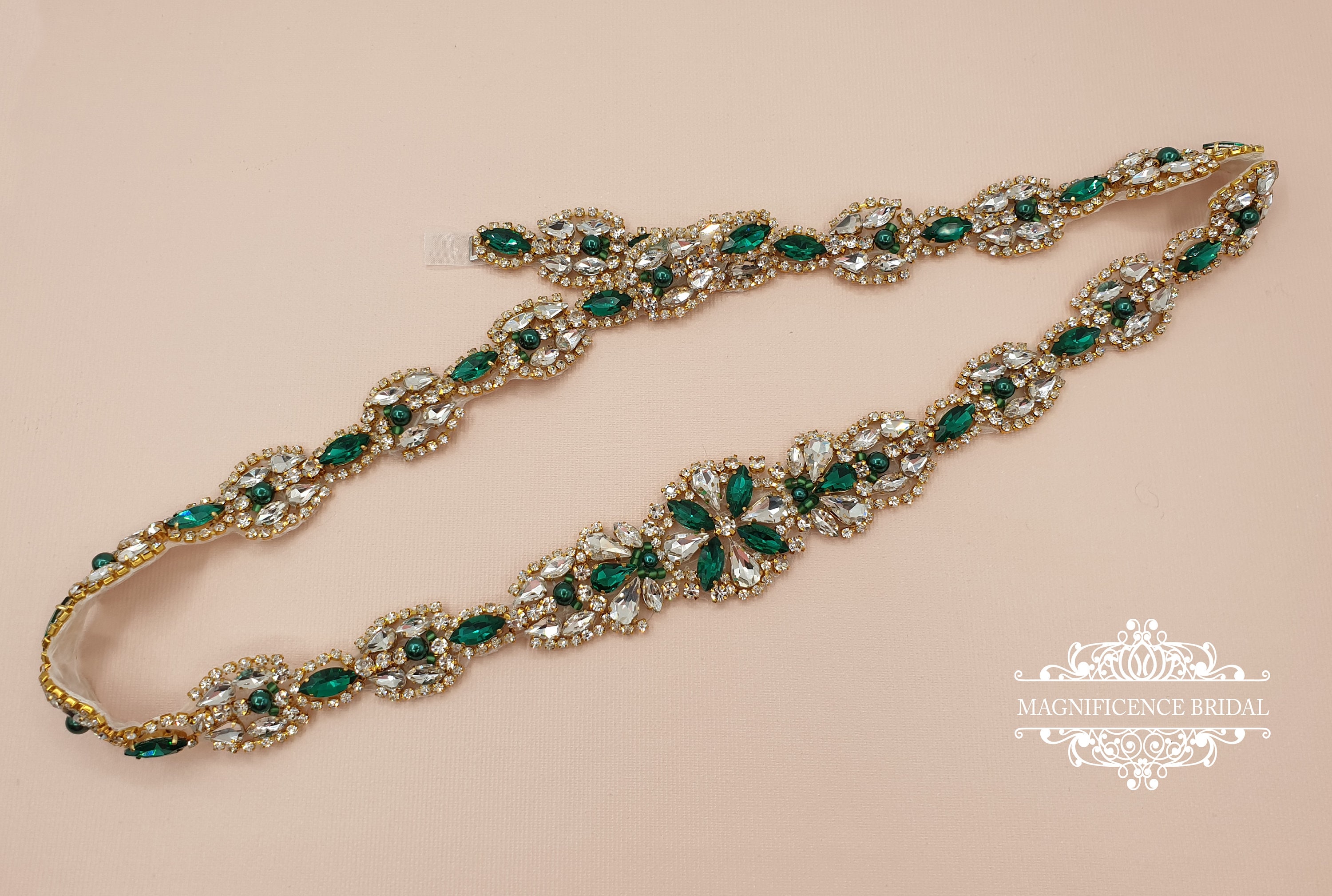 Emerald green belt, Green bridal belt, gold bridal belt, green sash