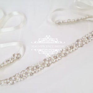 Bridal sash, thin bridal belt, thin bridal sash, thin pearl belt, thin wedding belt, wedding belt, skinny belt, pearl wedding belt, ELINA sash belt- 18"