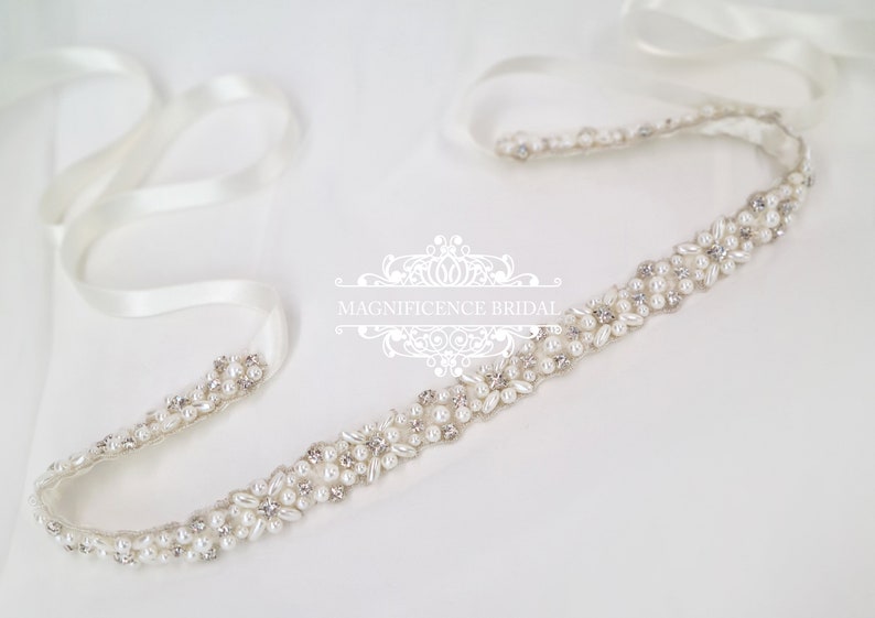 Bridal sash, thin bridal belt, thin bridal sash, thin pearl belt, thin wedding belt, wedding belt, skinny belt, pearl wedding belt, ELINA sash belt- 18"