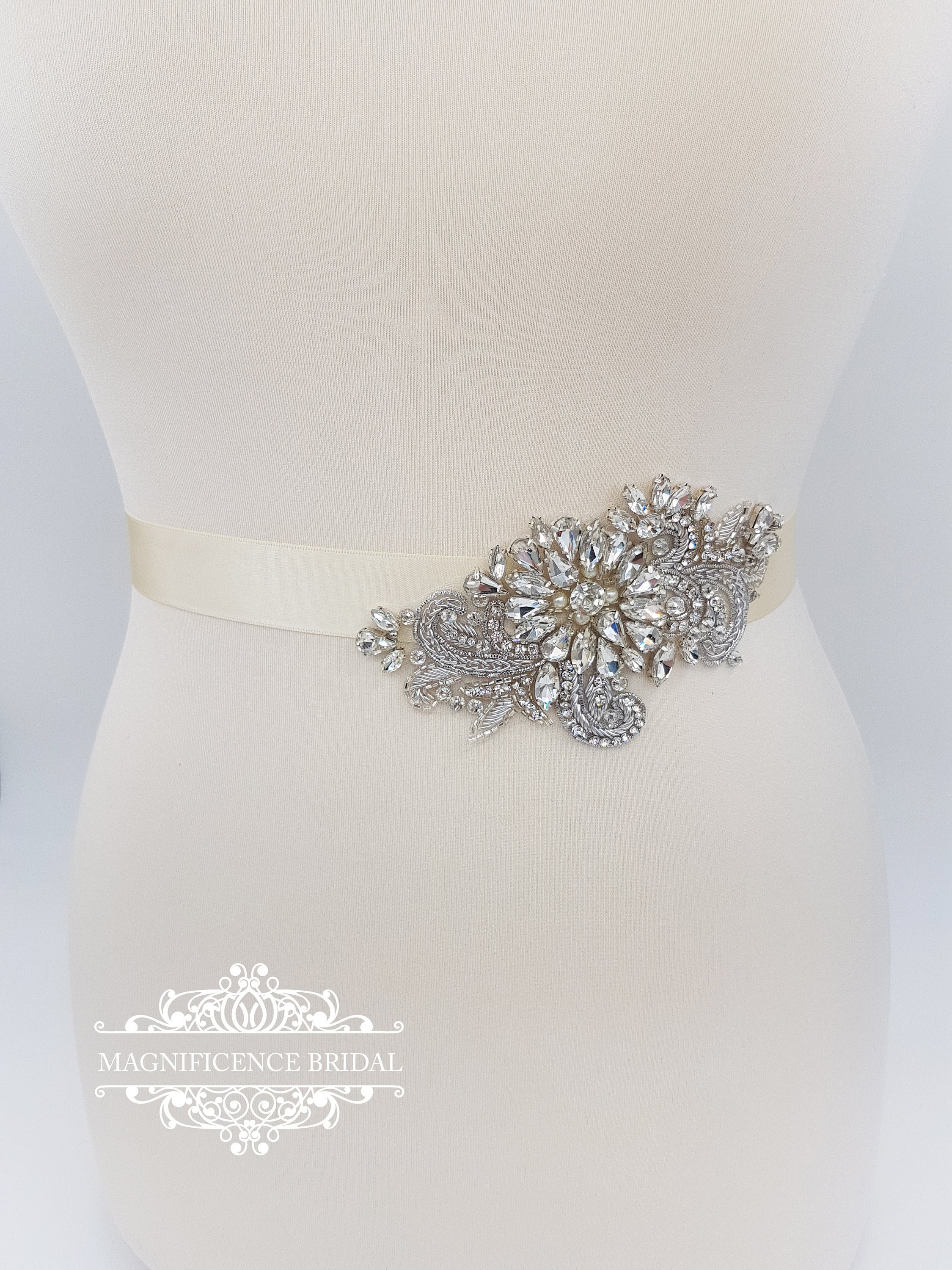 Bridal sash, Silver bridal belt, bridal belt, side belt, hand beaded