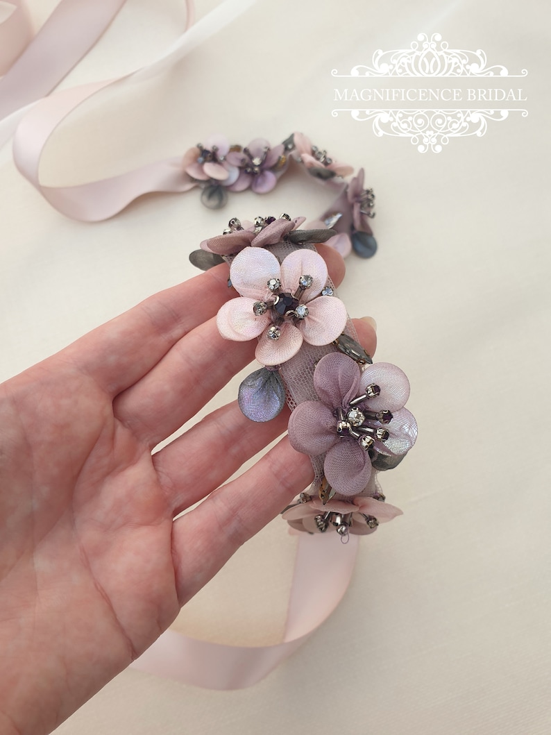 Ceinture de mariée rose poudré, ceinture de mariée mauve, ceinture à fleurs, ceinture de mariée, ceinture de robe de mariée, ceinture de mariée multicolore, ceinture tendance, ceinture de mariée blush MAUVE image 6