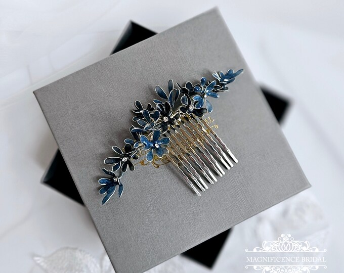 Navy Blue Leather Wildflowers Headpiece
