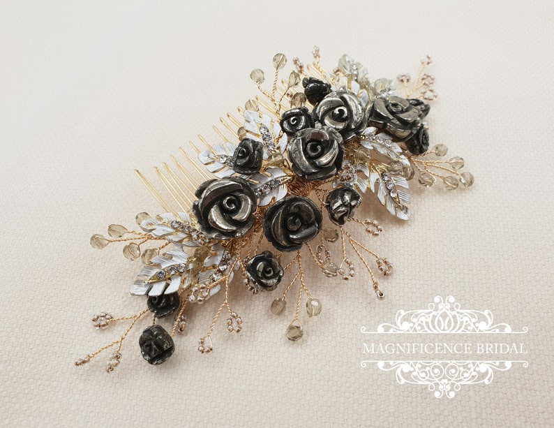 MELODY Gold bridal comb Bridal headpiece Pyrite headpiece Pyrite comb black roses comb Gold headpiece Black bridal headpiece