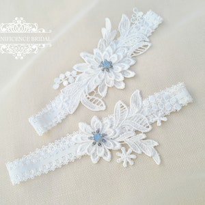 Jarretière dentelle ivoire, jarretière de mariage, jarretière de mariée, jarretière ivoire, jarretière mélange, quelque chose de bleu, jarretière pour mariée, jarretière en dentelle guipure, SIMI image 2