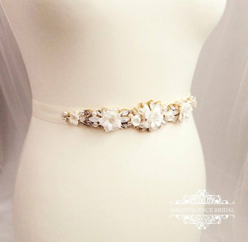 Ivory Bridal belt, bridal sash, clay flower belt, vintage bridal belt, gold wedding belt, opal bridal belt, crystal belt, wedding belt, CALI zdjęcie 7