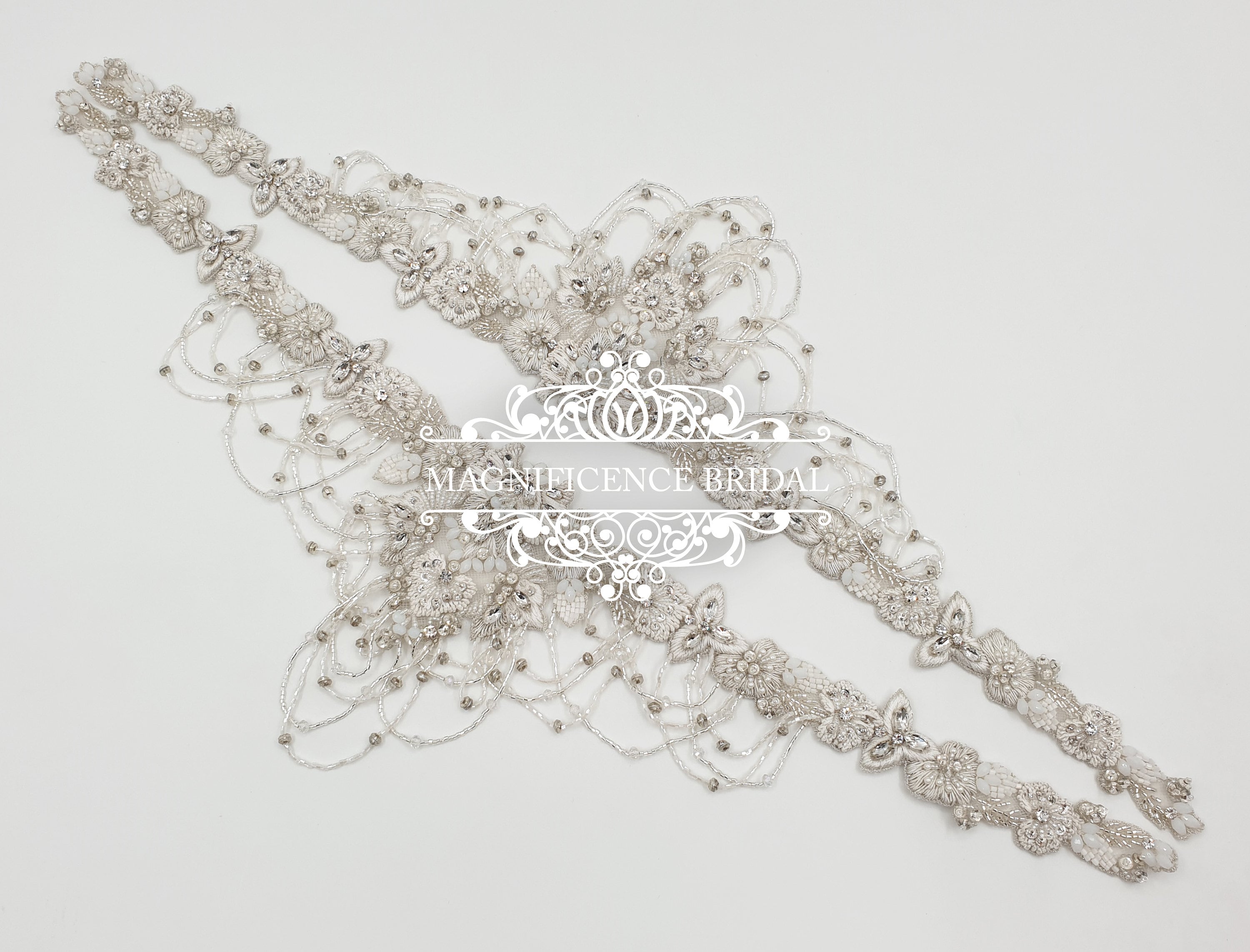 Bridal straps, wedding dress, Beaded shoulders, beaded belt, beaded