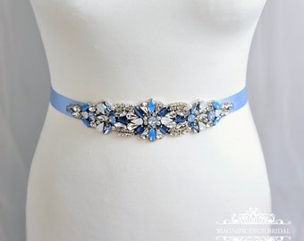 Light blue sash, blue bridal belt, French blue bridal, sash belt, light sapphire belt, blue rhinestone belt, blue opal sash belt, NEELA