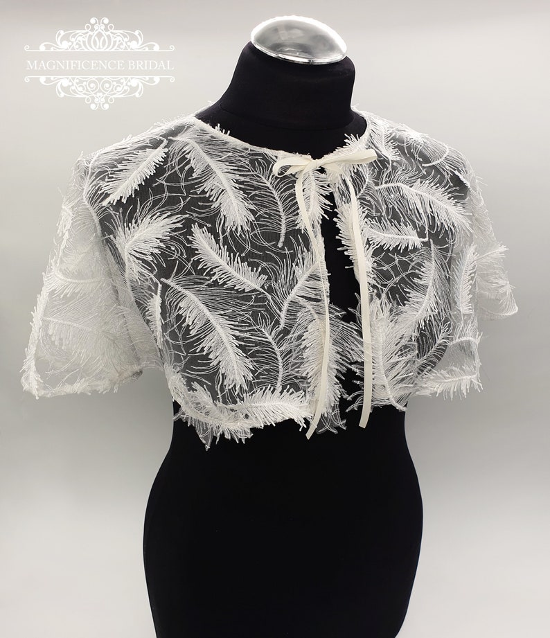 Bridal capelet, wedding capelet, beaded capelet, bridal separates, bridal cover up, shoulder cover up, feather capelet, ivory capelet FAIREN image 1