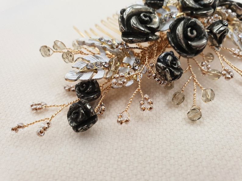 MELODY Gold bridal comb Bridal headpiece Pyrite headpiece Pyrite comb black roses comb Gold headpiece Black bridal headpiece