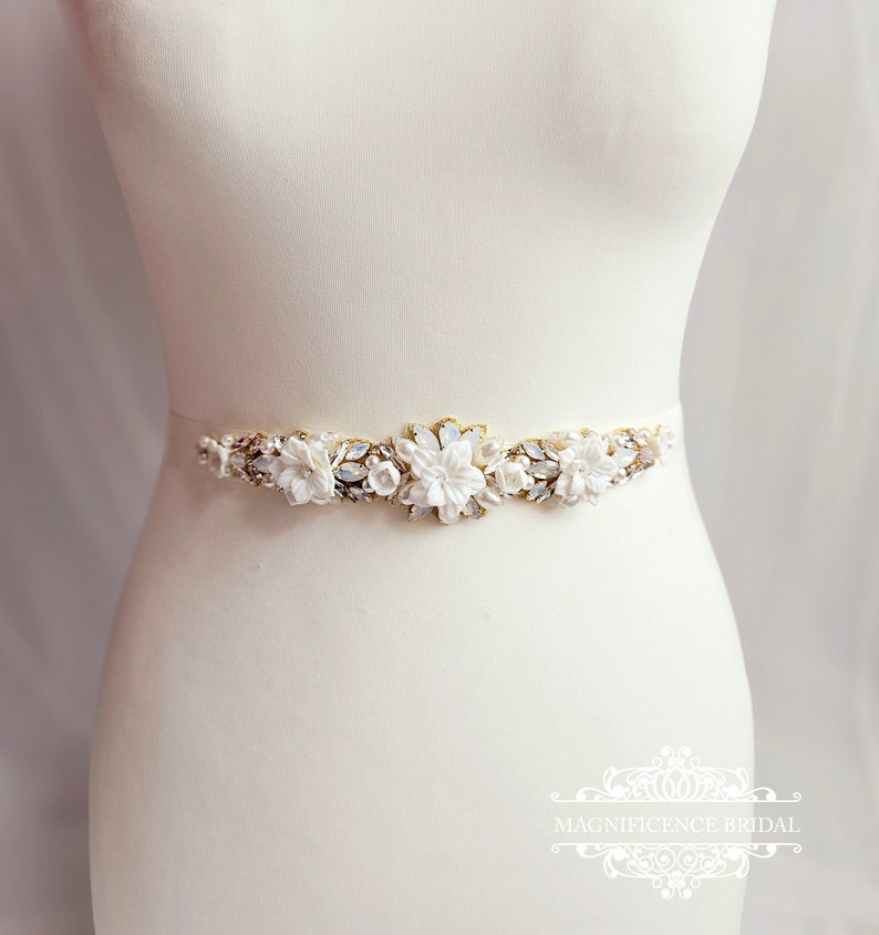 Ivory Bridal belt, bridal sash, clay flower belt, vintage bridal belt, gold wedding belt, opal bridal belt, crystal belt, wedding belt, CALI zdjęcie 1