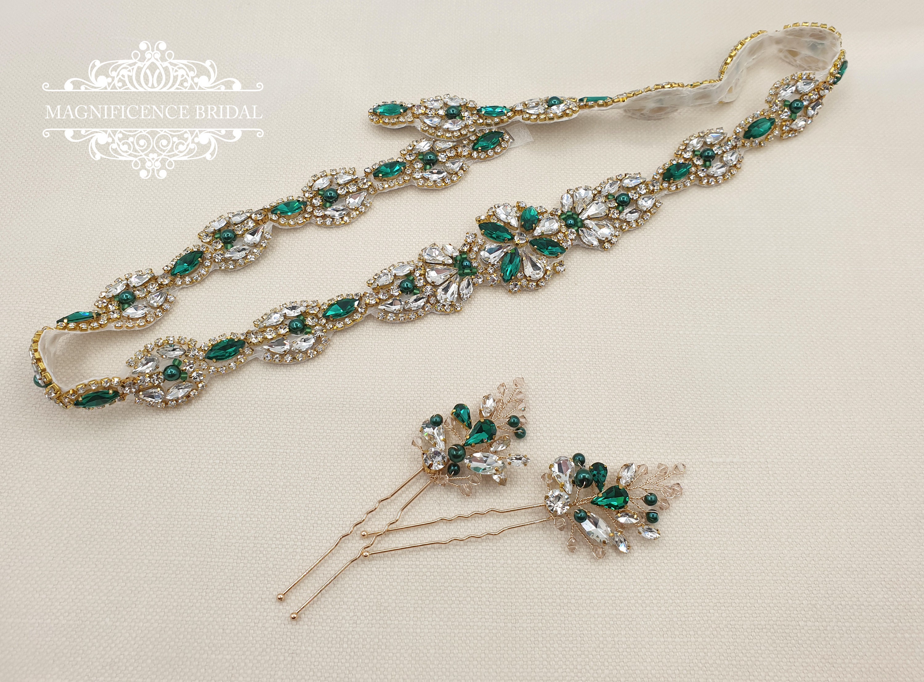 Gold hair pins, emerald and gold, Bridal hair pins, wedding hair pins