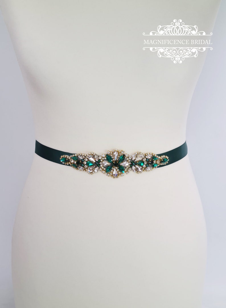 Emerald green sash, emerald green belt, Bridesmaid sash, gold bridal belt, green sash belt, bridal belt, wedding belt, Christmas, ELISHA image 8