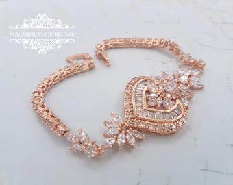 Bracelet de mariée en or rose, bracelet en or rose, bracelet de mariée, oxydes de zirconium cubiques, bracelet CZ, bracelet zirkon, oxydes de zirconium cubiques, bande cz, ALEX