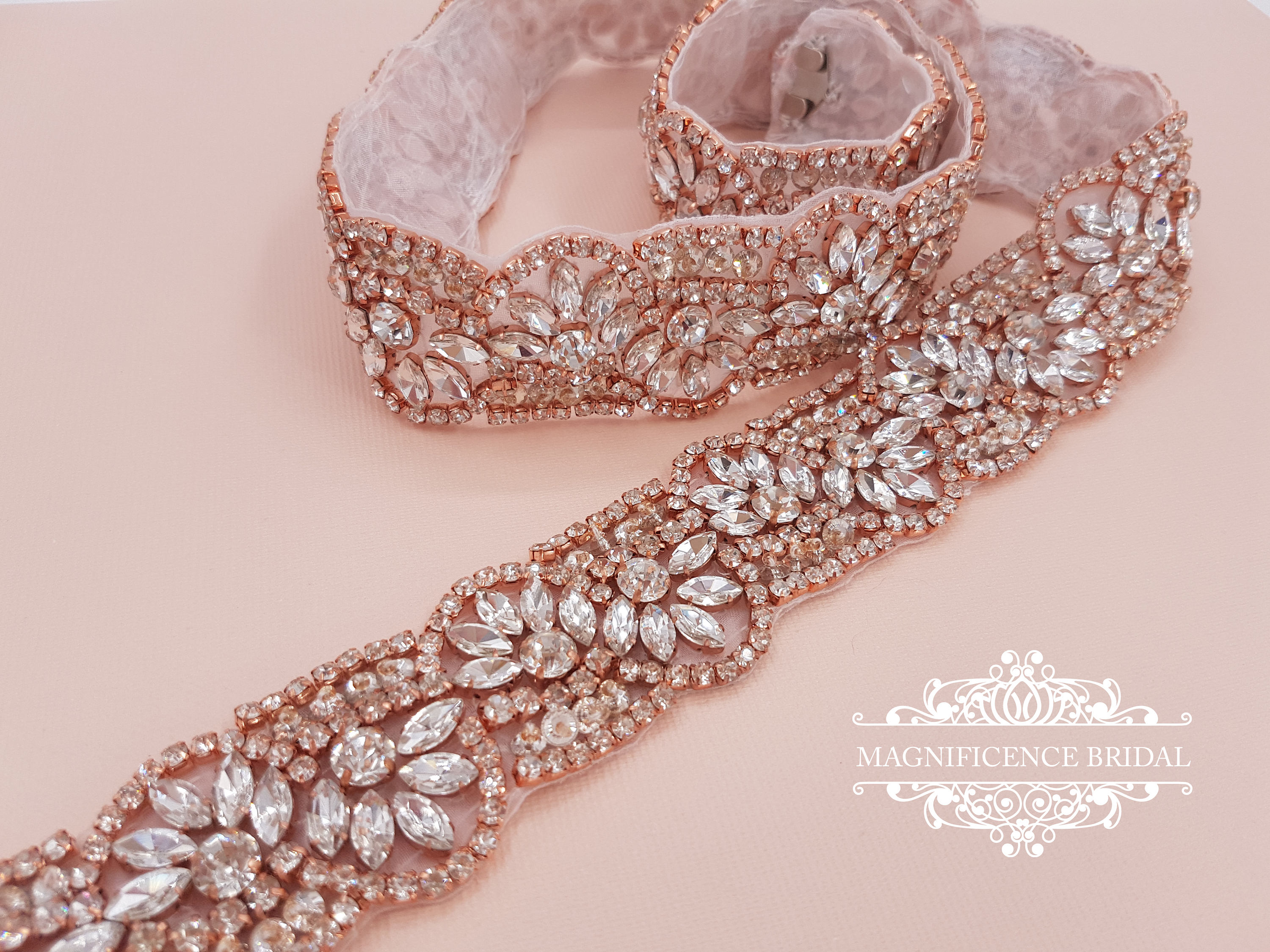 Rose gold belt, rose gold sash, diamante belt, wedding belt, gold