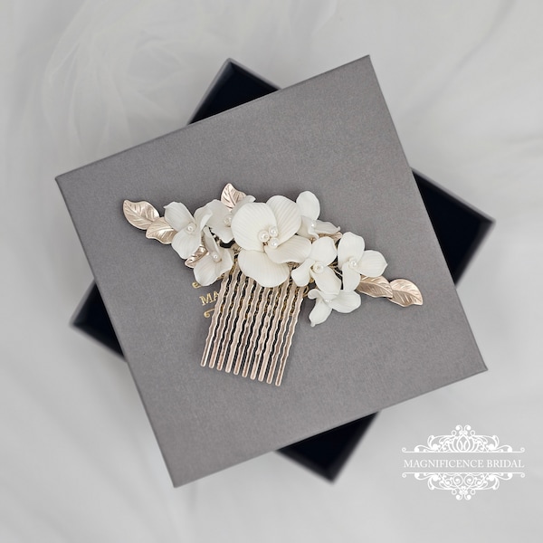 Ivory bridal comb, clay flower comb, bridal comb, Champagne Headpiece, Bridal hair piece, Bridal headpiece, ceramic comb, wedding comb NELLY