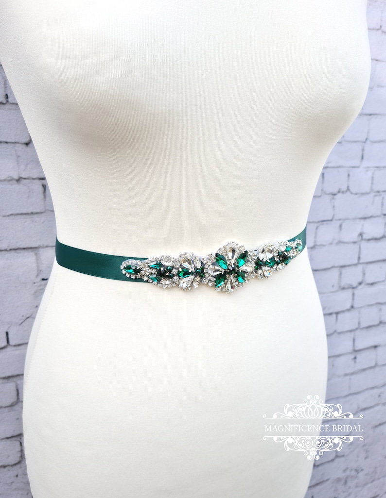 Emerald green sash, emerald green belt, Bridesmaid sash, gold bridal belt, green sash belt, bridal belt, wedding belt, Christmas, ELISHA image 4