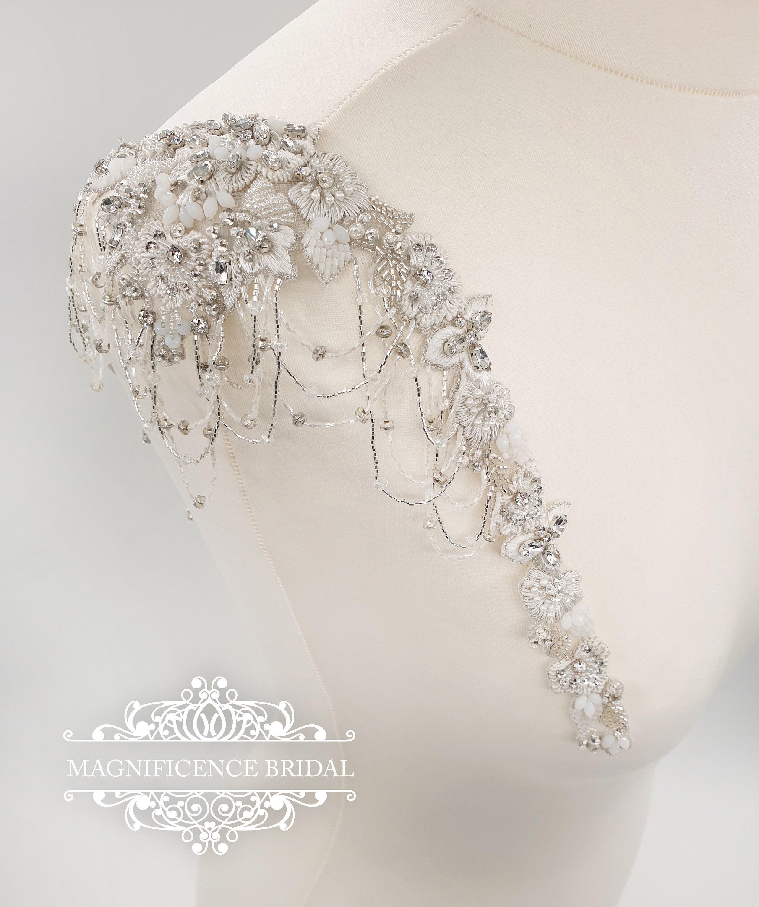 Bridal straps, wedding dress, Beaded shoulders, beaded belt, beaded