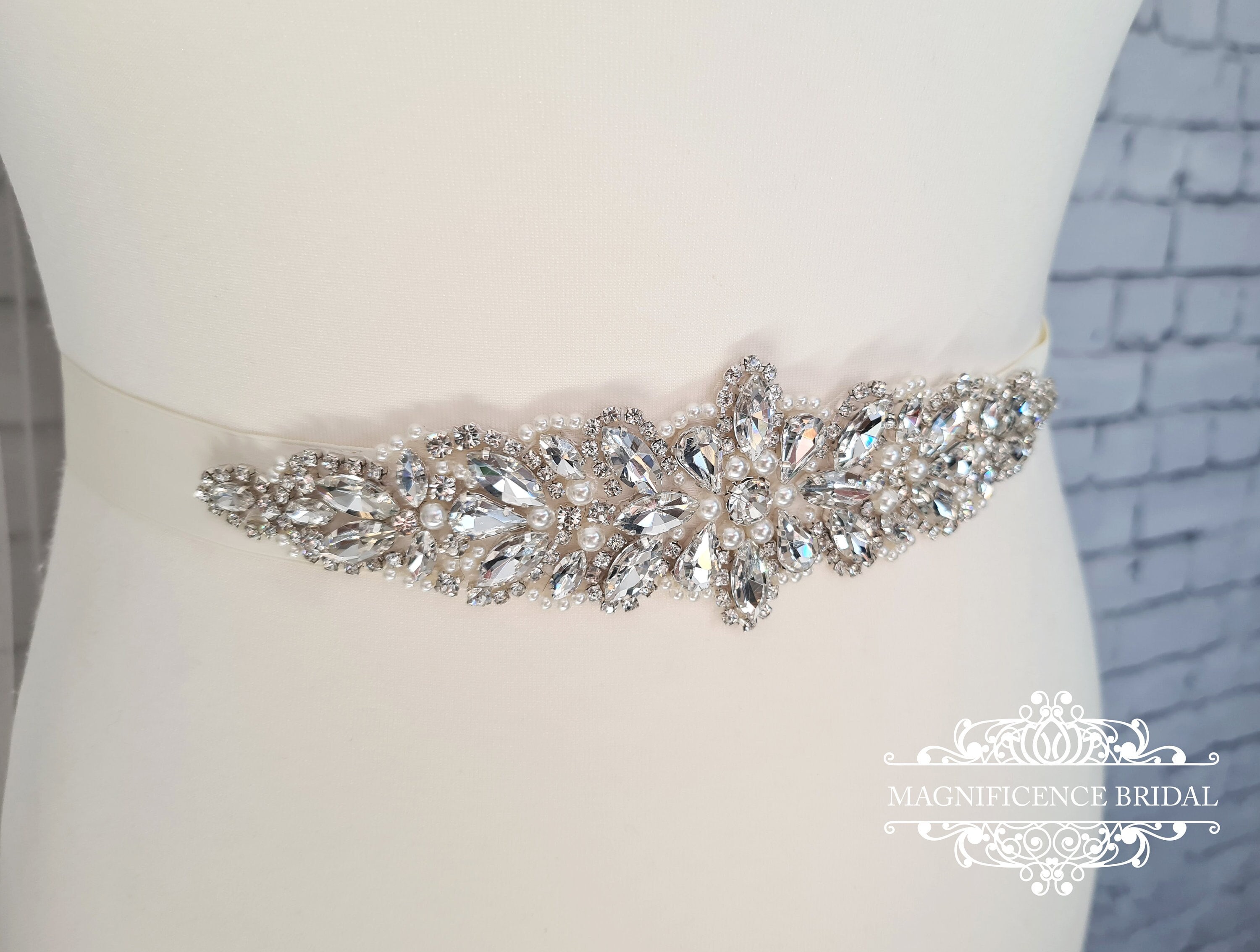 Bridal sash belt, Wedding dress sash, Rhinestone sash, Bridal applique,  Pearl sash, crystal belt, beaded embellishment, bridal belt MILA