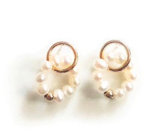 SunJewel Vintage Inspired 14K Gold Rice Pearl Hoops Earrings, Minimalist Style Earrings