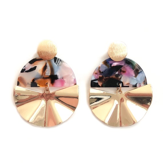 SunJewel Half Tortoise With Gold Fan Earrings, Gold Fan Earrings, Tortoise Earrings, Acetate Earrings, Unique Earrings, Statement Earrings,