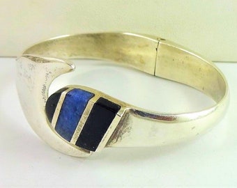 Free Shipping Heavy 1950s Blue Lapis Black Onyx Vintage Sterling Silver Taxco Mexico Clamp Hinged Bangle Bracelet 6.75" 51g BR6