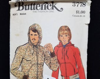 Vintage Butterick Pattern 3778 - Men's Hooded Sweatshirt Medium - 1970s