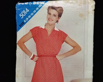 Vintage Butterick See and Sew Pattern 5014- Dress size A ( 8-10-12-14-16-18) 1980s