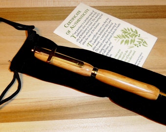 Hand Turned Bethlehem Olive Wood Twist Ink Pen- Certificate of Auth. - 24 Kt. Gold. w/ Cross clip