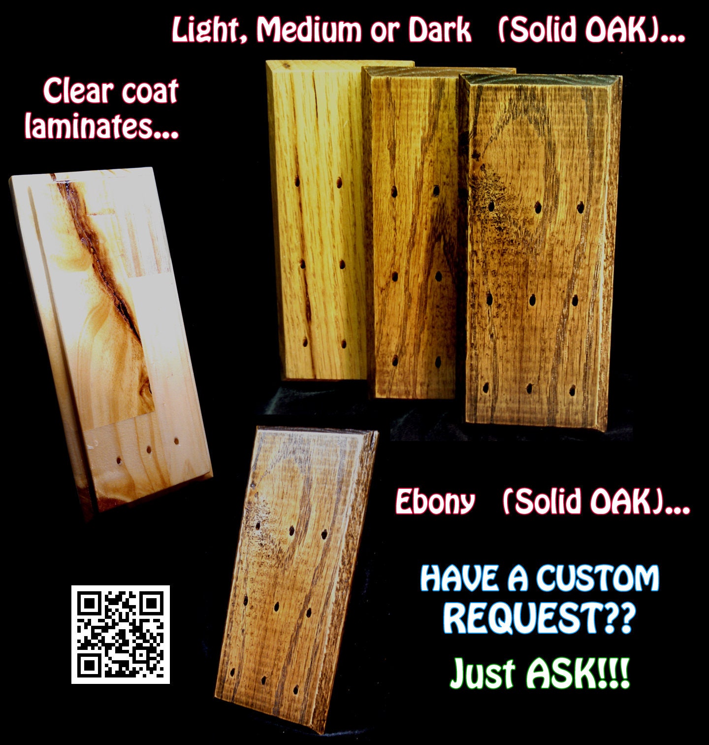 Super Deluxe - Custom dart display rack - Multiple styles! Light , Medium , Dark Oak, Ebony, Clear Coat - FREE Keyholes!!