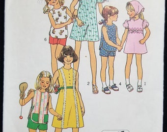 Vintage 1970s Easy Sew Little Girls Dress or Top, Shorts and Scarf Size 4 Jiffy Simplicity Pattern 7462