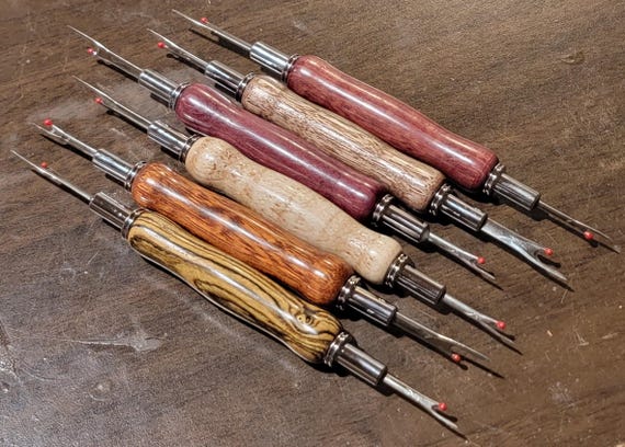 Hand turned - Seam Ripper - Exotic Wood - Two Blade sizes - Includes pouch. Quick reverse for safe storage. Sewing tools - Chrome finish.