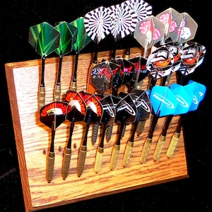 Deluxe - Custom dart rack and desktop display - Multiple styles! Light , Medium , Dark Oak, Ebony, Clear Coat - FREE FEET and Keyholes!!